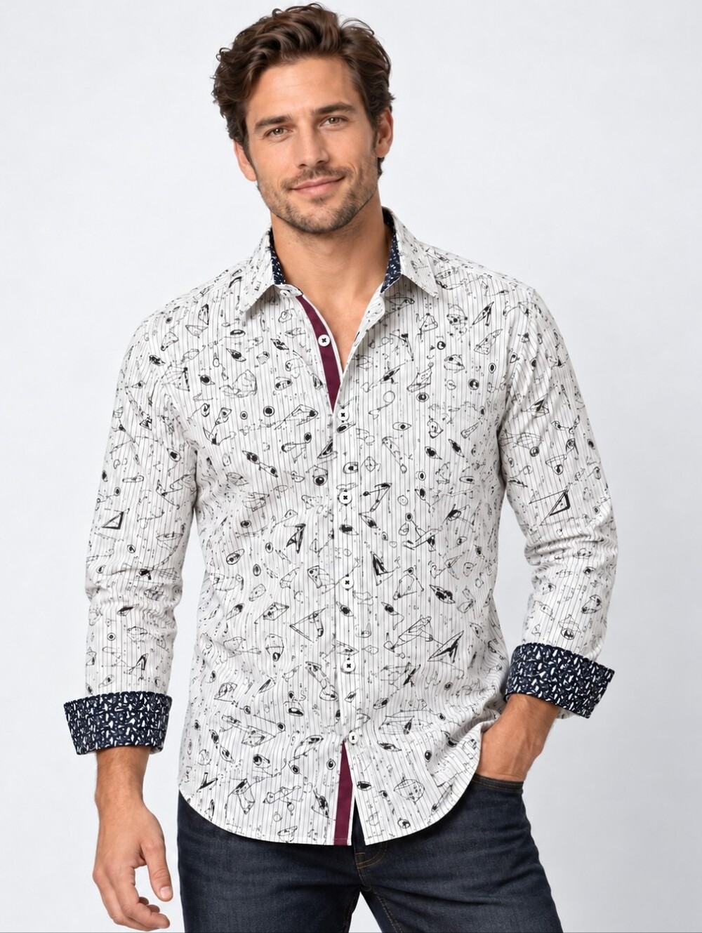 Bugatchi Uomo Men’s L Shaped Fit Abstract Print Cotton Button Down Shirt